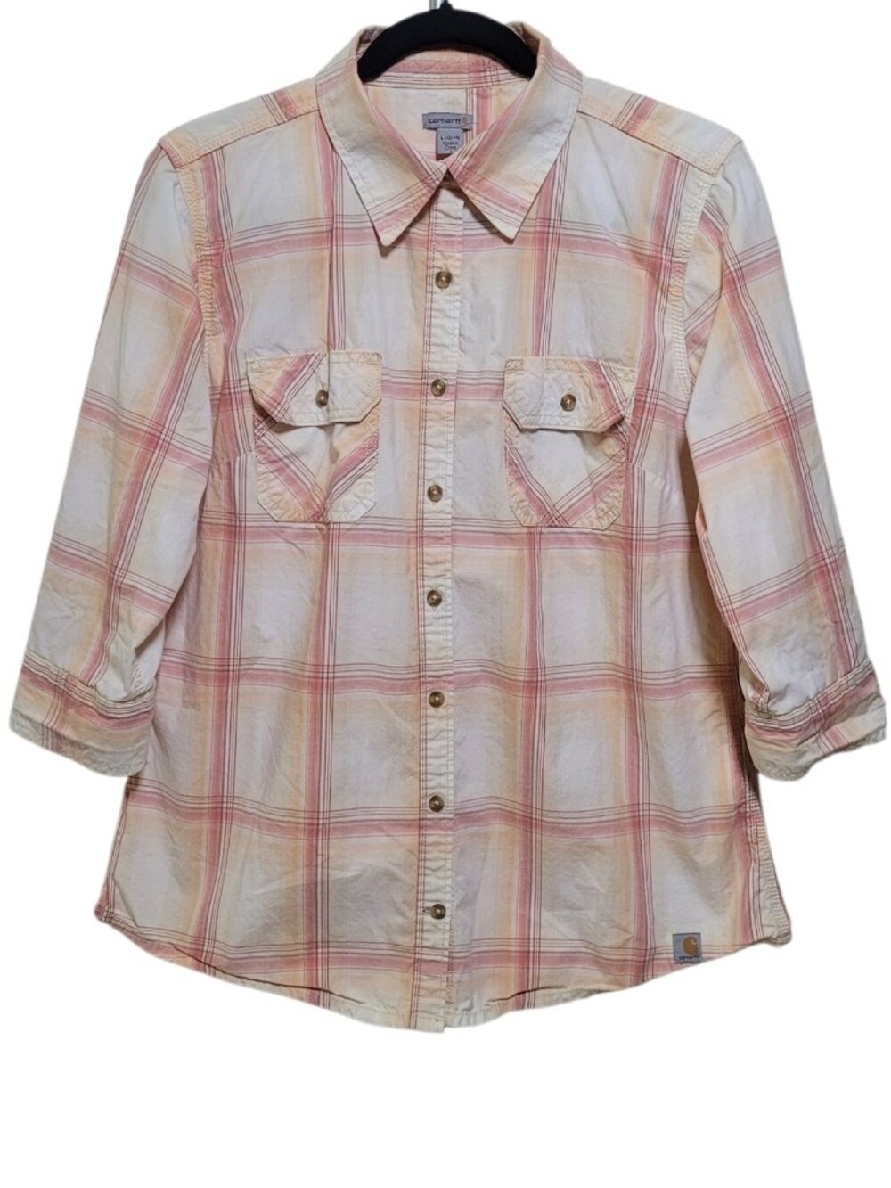 Carhartt Womens Plaid Button Down Shirt 3/4 Roll Sleeve Pink Cream Large Granny